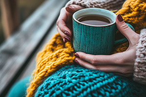 Cozy close up of a woman holding tea, a Food & Drink Photo by MistyDay