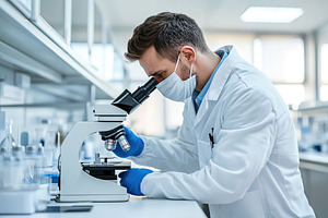 Male scientist with face mask looking on a petri dish under a mi, a Photo by AlyaAnd