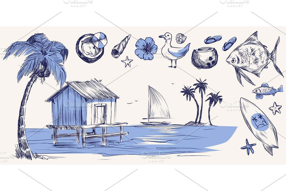 Vintage sketch beach with palm tree, an Illustration by art PVP - market