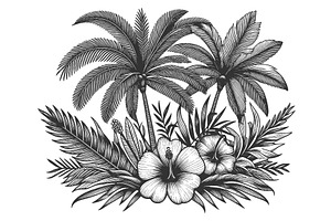 Tropical Palm Trees and Hibiscus, an Object Illustration by AlexArt