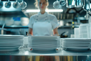 Female kitchen worker washing dishes in restaurant kitchen, a Person Photo by AlyaAnd
