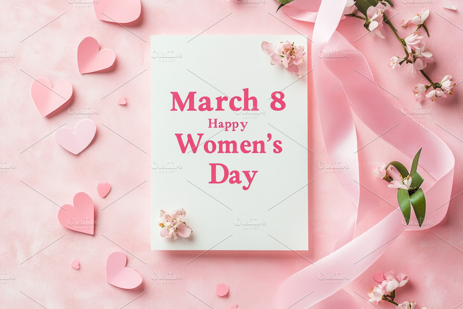 Greeting card with text March 8 Women's Day, spring flowers, paper hearts and r, a Nature Photo by AlyaAnd