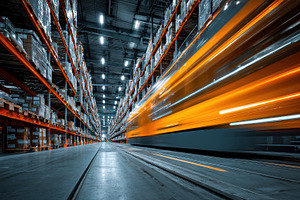 Fast train passing warehouse storage, a Photo by Pixeness Studio