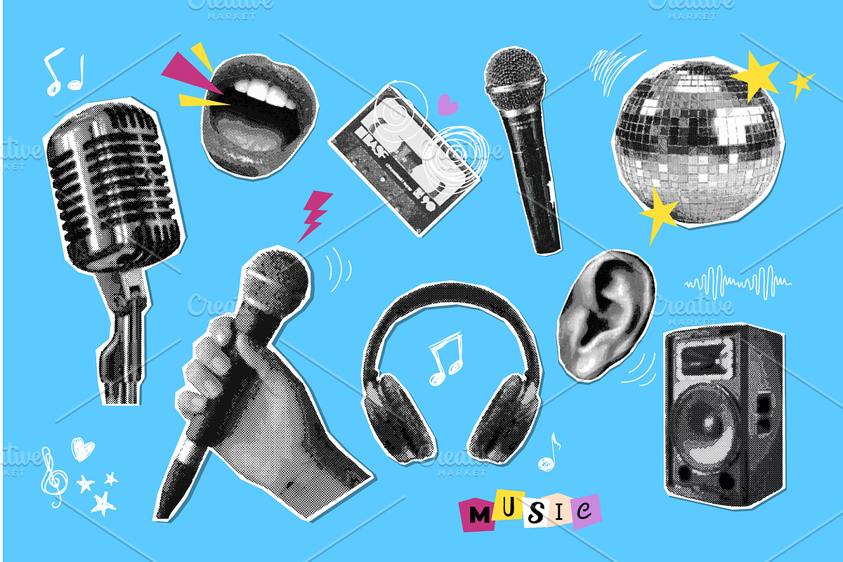 Music halftone collage. Microphone, an Illustration by Stock-Smart-Start