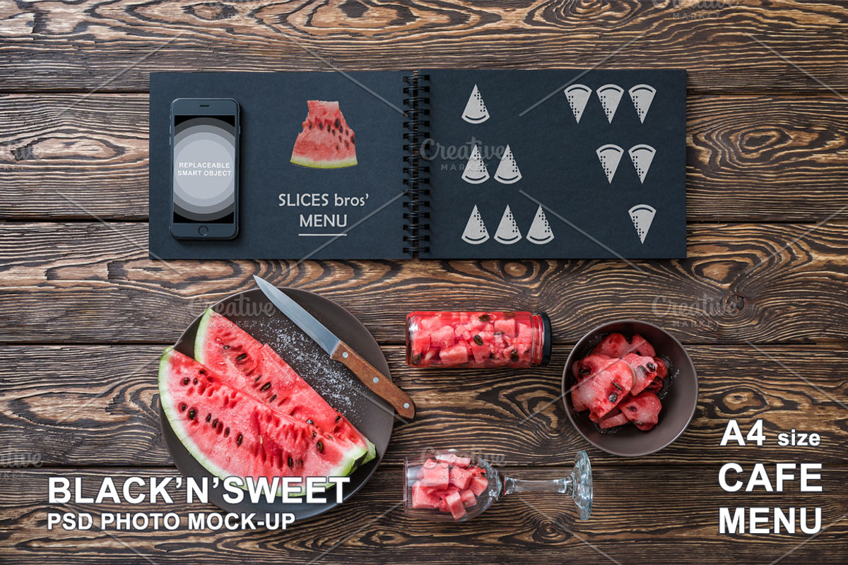 Black Cafe Menu Mockup (horizontal), an iPhone Mockup by mockupgeek (Photo 1 of 4)