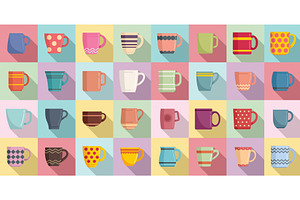 Mug Icons Set Flat Vector. Coffee