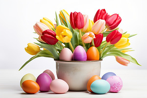 Colorful easter eggs with tulip flowers on white background, a Holiday Photo by AlyaAnd