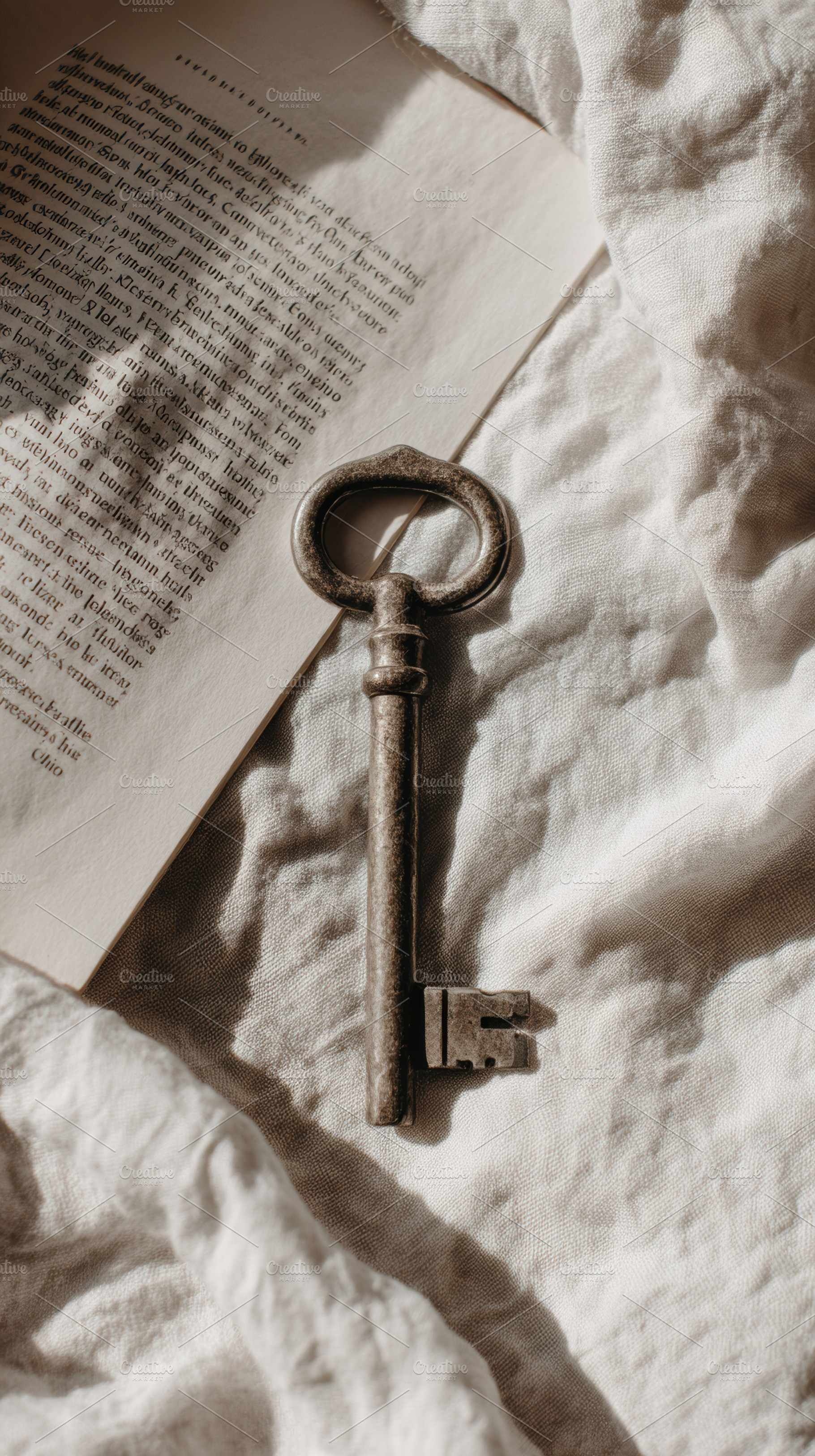 Vintage key on white linen, a Photo by Virgo Studio
