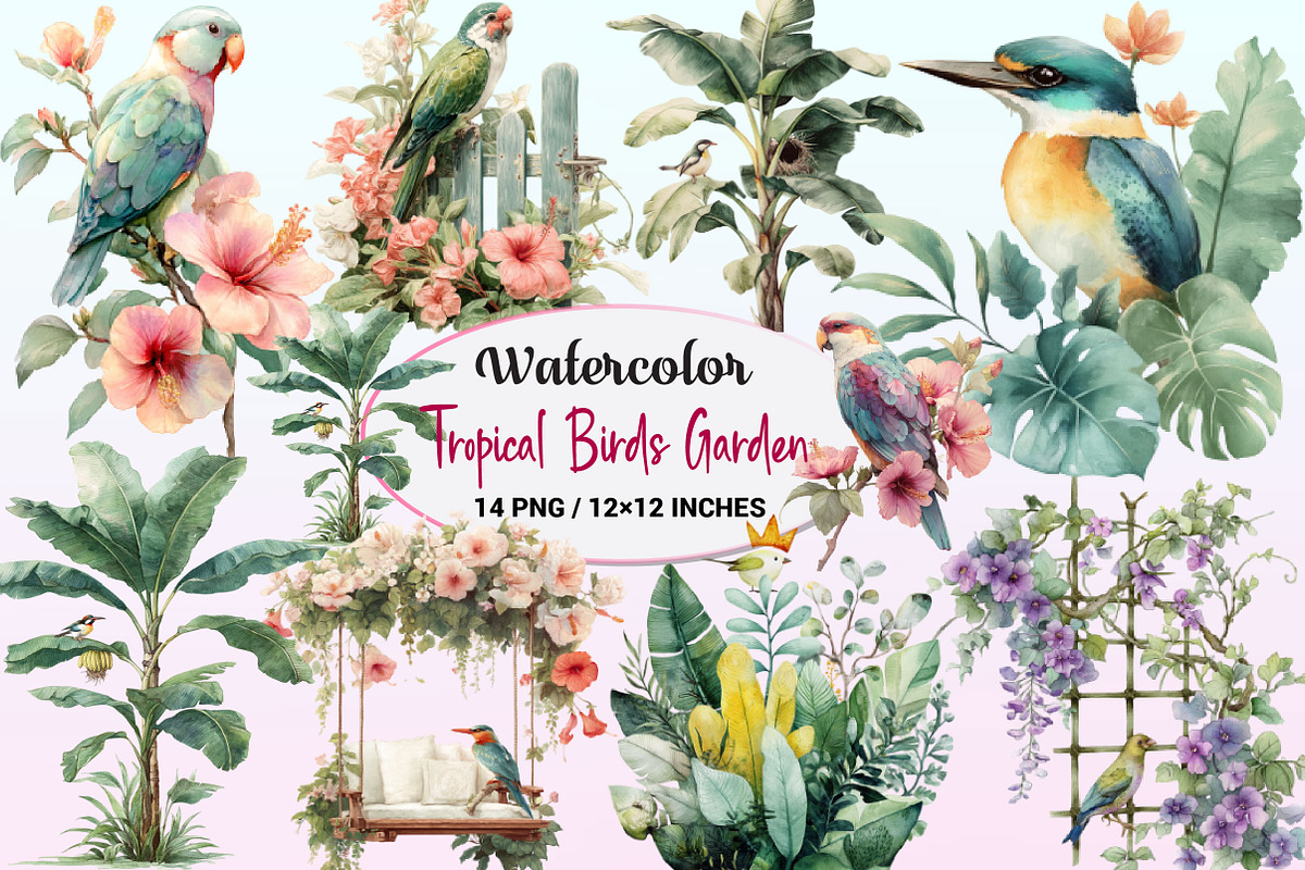 Tropical Birds Garden Clipart, a Graphic by CitraGraphics (Photo 1 of 4)