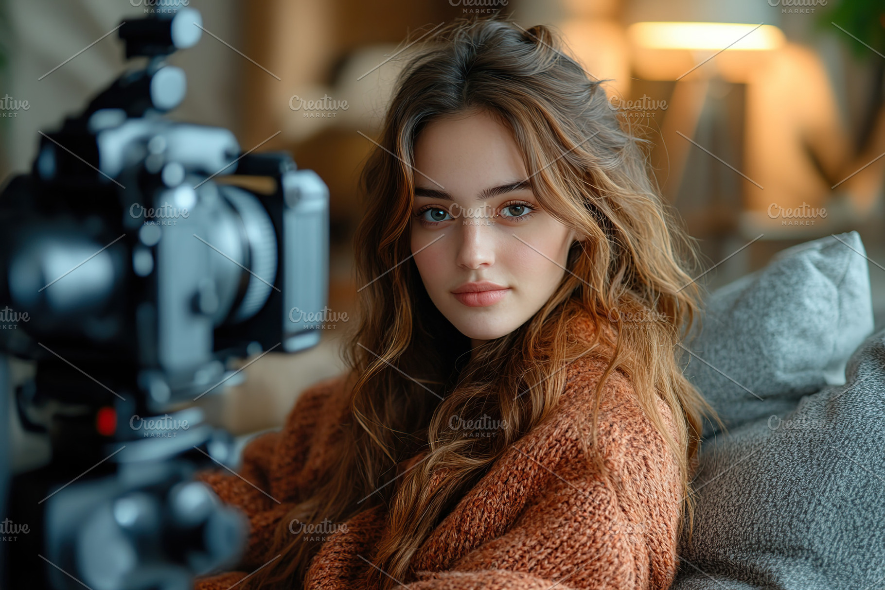 Modern girl blogger in fashion clothes with recording equipment, a Person Photo by AlyaAnd