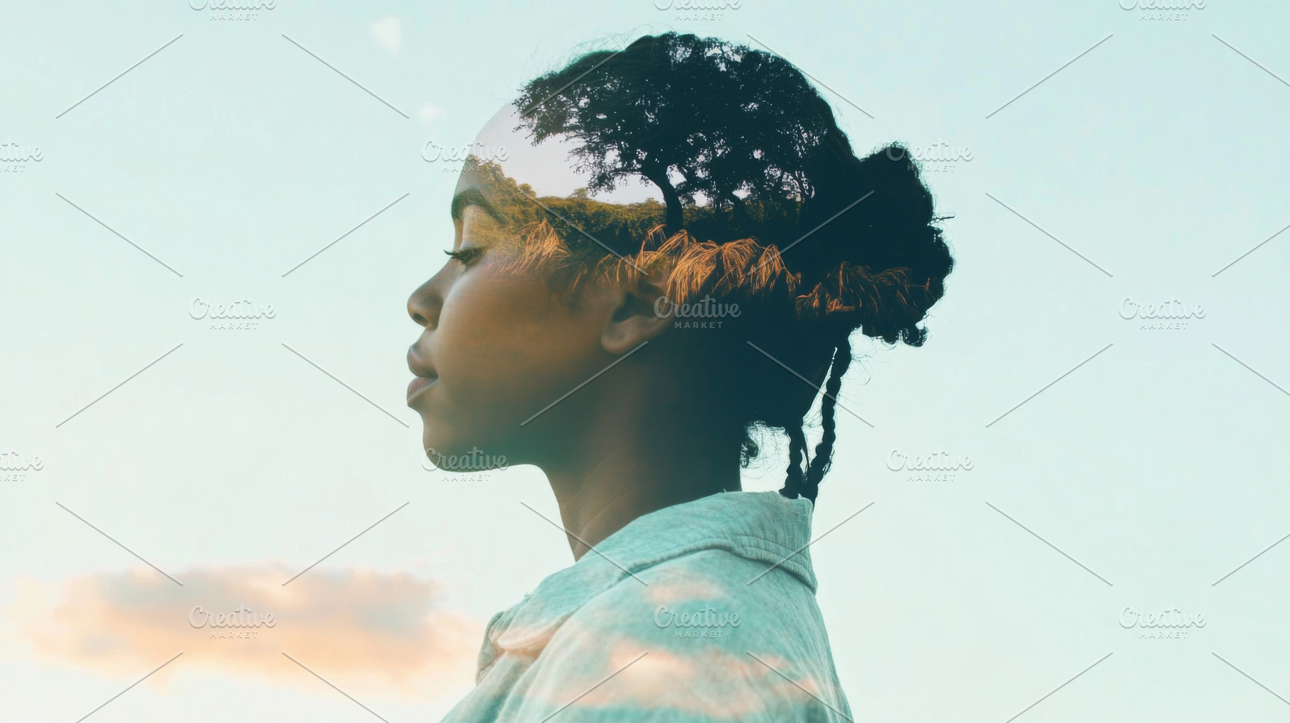 Double exposure of an indigenous woman with serene sky backgroun, a Photo by Dvoevnore photos