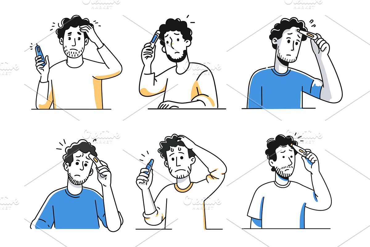 Man with fever hold thermometer, a Person Illustration by Stock-Smart-Start