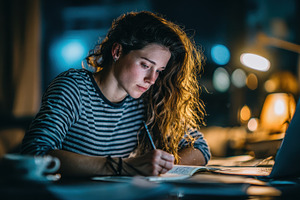Woman writing in notebook late night, a Photo by Pixeness Studio