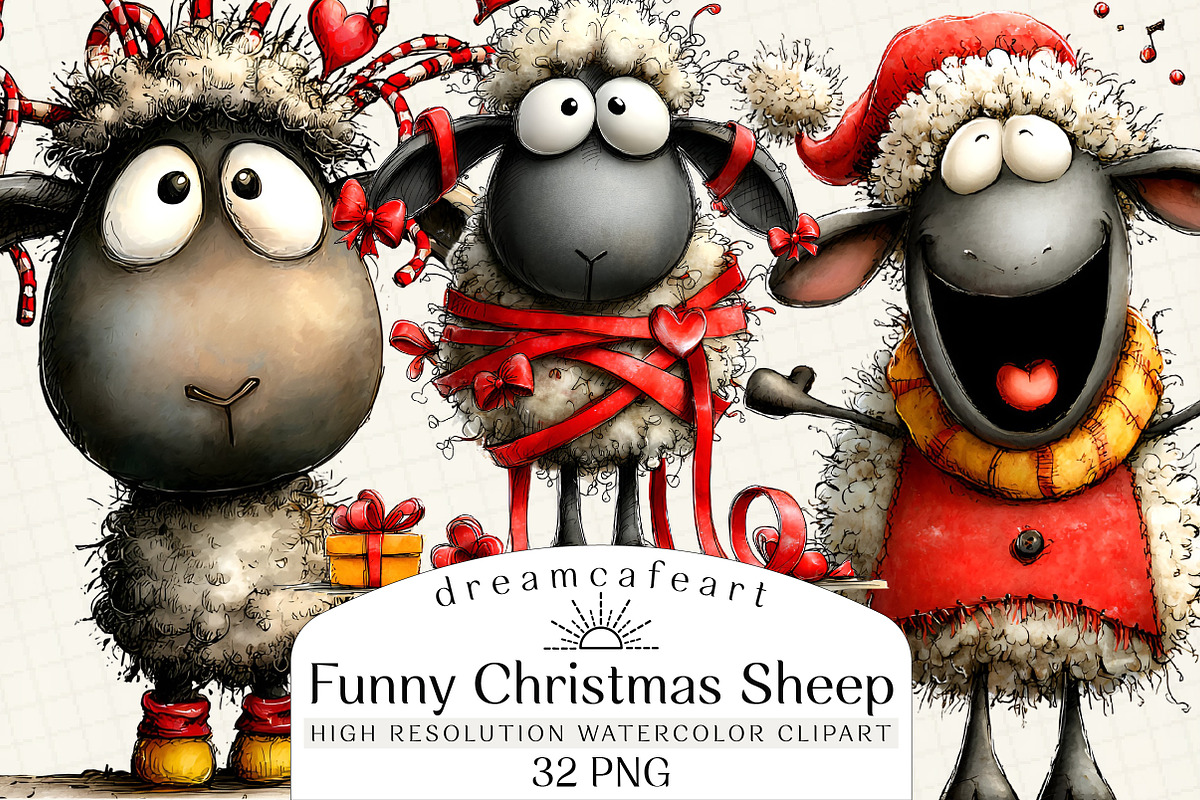 Funny Christmas Sheep Clipart, an Illustration by DreamCafeArt (Photo 1 of 8)