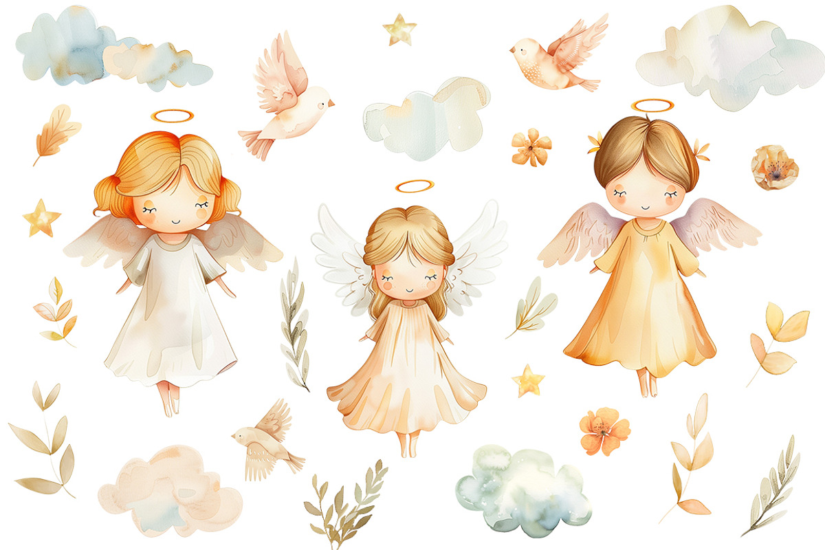 Watercolor Angels girls set, an Object Illustration by AlineArtStore (Photo 2 of 8)