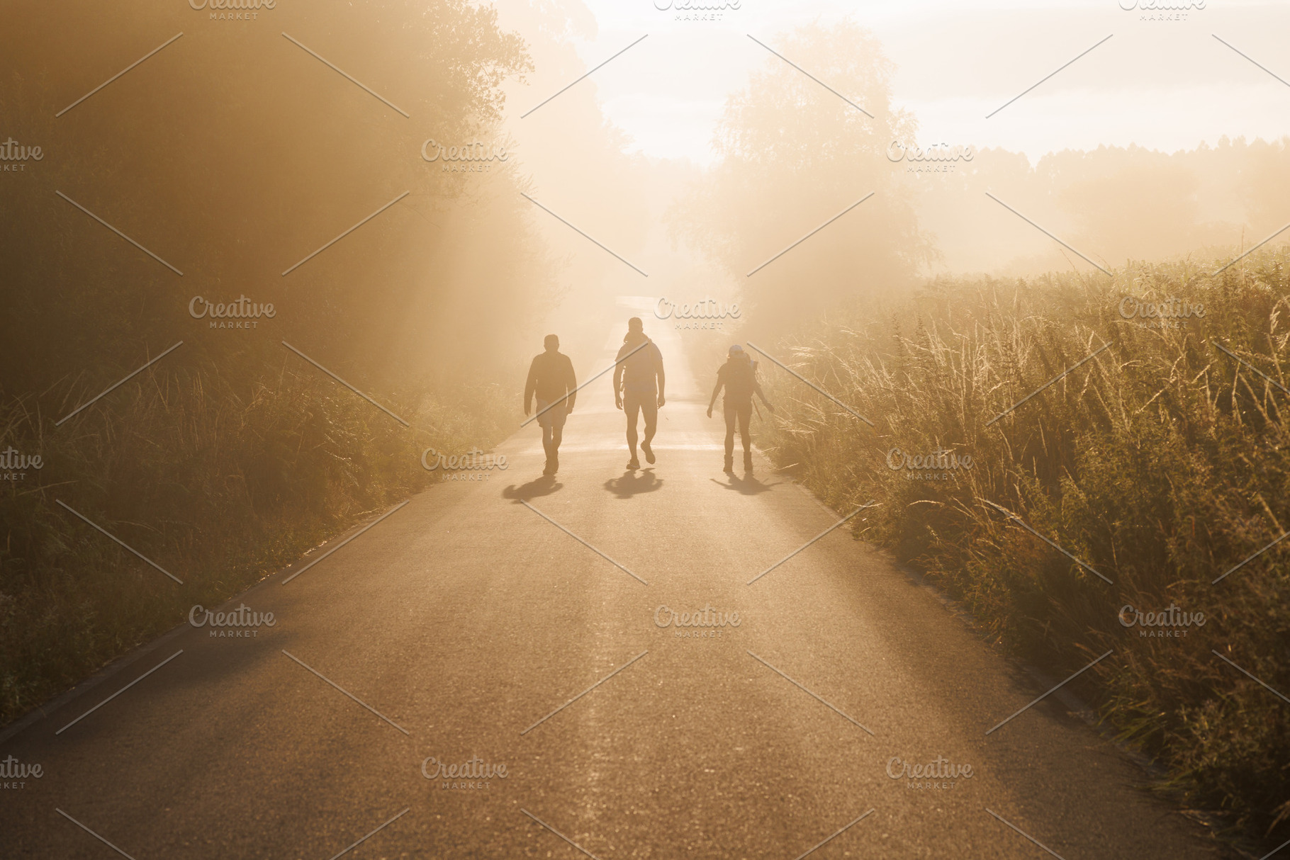 Pilgrims Walking on Rural Road in Golden Morning Fog, Spain, a Person Photo by Bepslabor