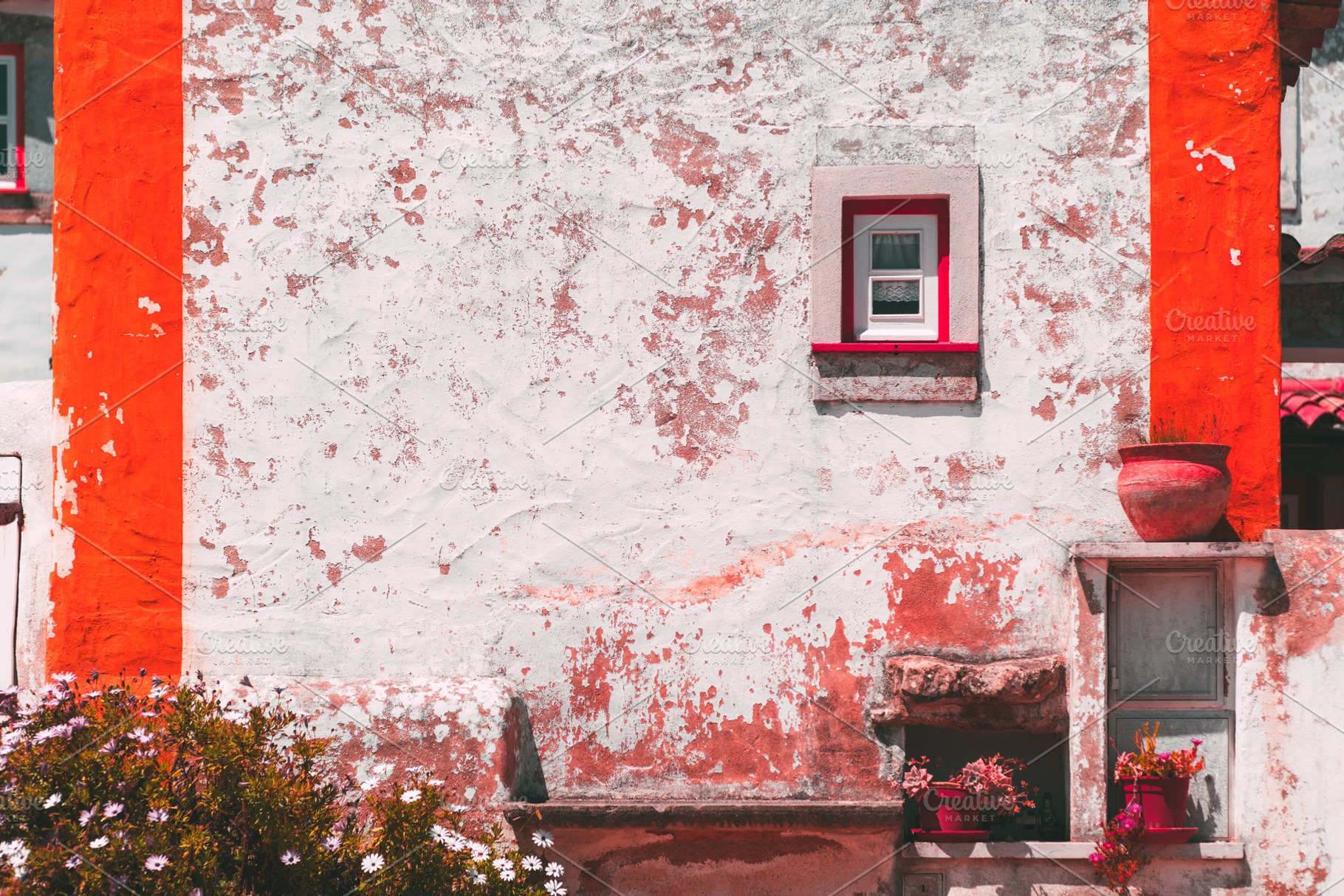 Rustic wall with flowers and pots, an Architecture Photo by SkyNext