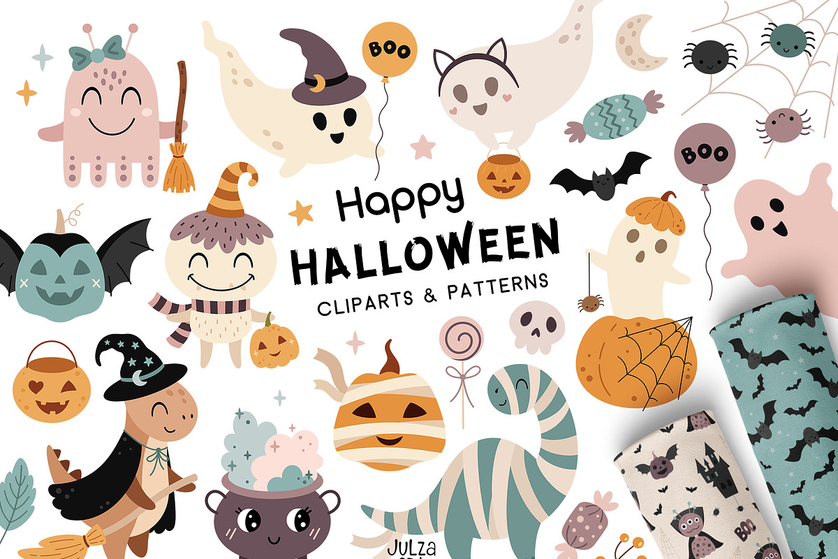 Cute Halloween clipart & patterns, a Seasonal Illustration by JulzaArt (Photo 1 of 13)