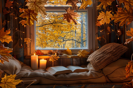 Intimate and cozy setting with a book, lit candles, and autumn leaves framing a, a Holiday Photo by Mashimara