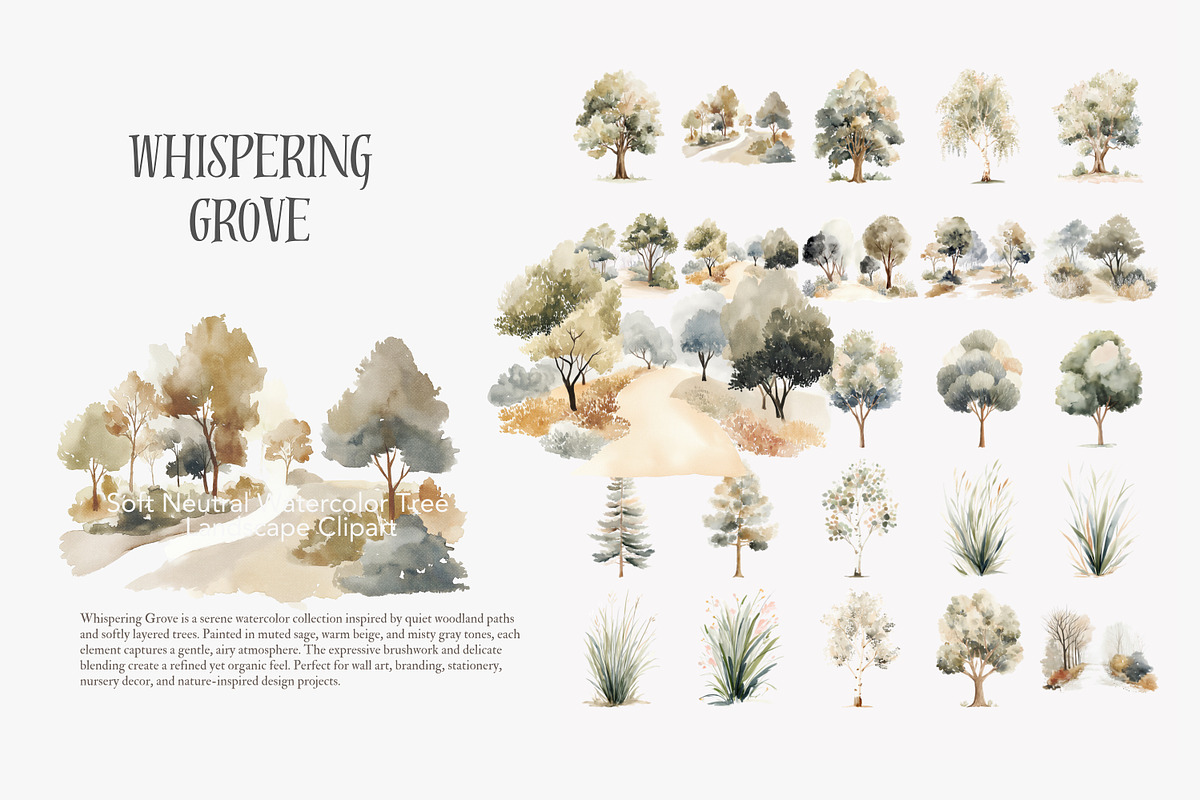 Neutral watercolor tree clipart set, a Decorative Illustration by Patishop Art (Photo 4 of 8)