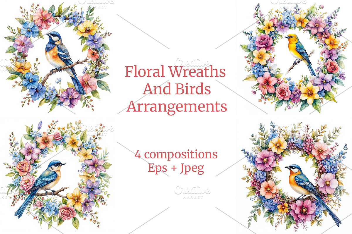 Birds and Flowers Decorative Wreaths, a Decorative Illustration by Milla_Zelenyuk_art (Photo 1 of 3)