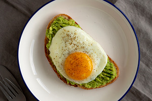 Homemade Avocado Toast with Egg on a Plate, top view., a Food & Drink Photo by LiudmylaChuhunova