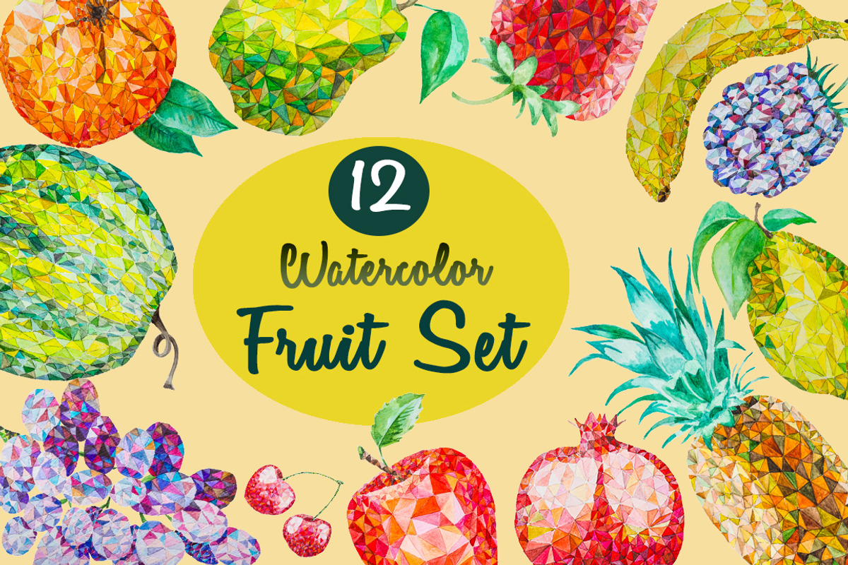12 Watercolor Low Poly Fruit Set, a Food Illustration by LidiaP (Photo 1 of 4)