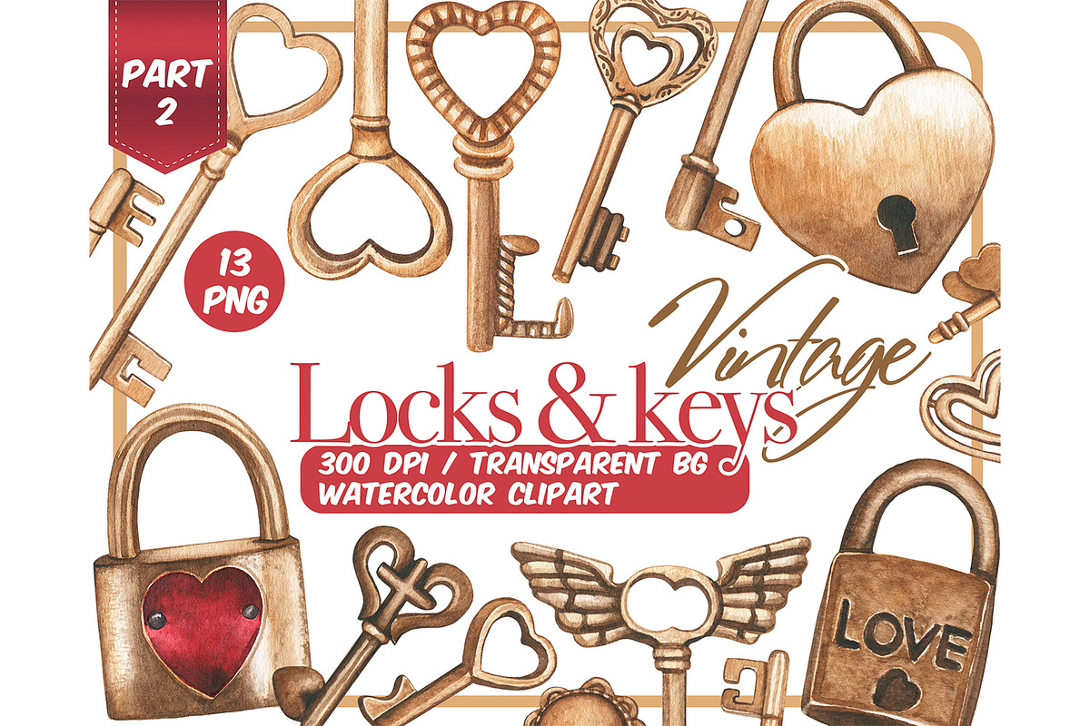 Watercolor vintage Keys and locks, an Object Illustration by ArtfulStudio (Photo 1 of 8)