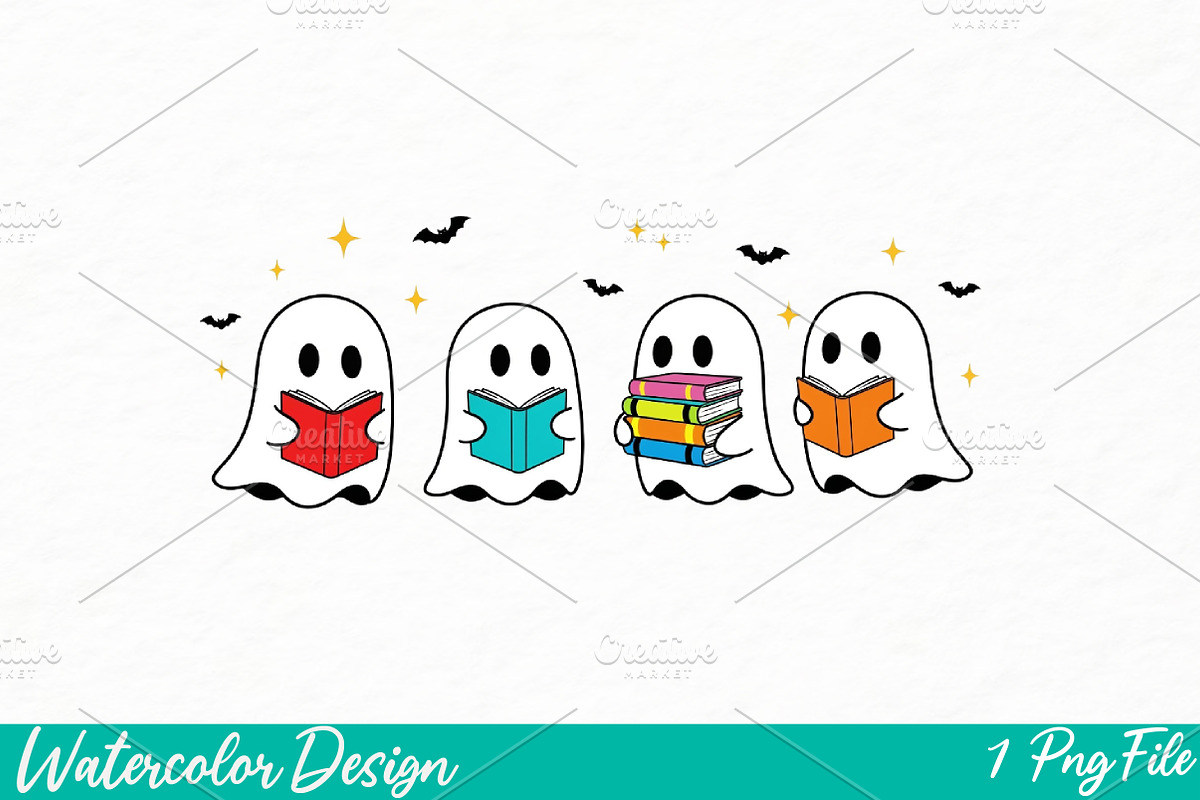 Ghost Reading Books Png, an Illustration by Watercolor design (Photo 1 of 3)