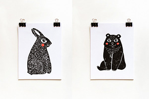 CUTE ANIMALS Linocut Vintage