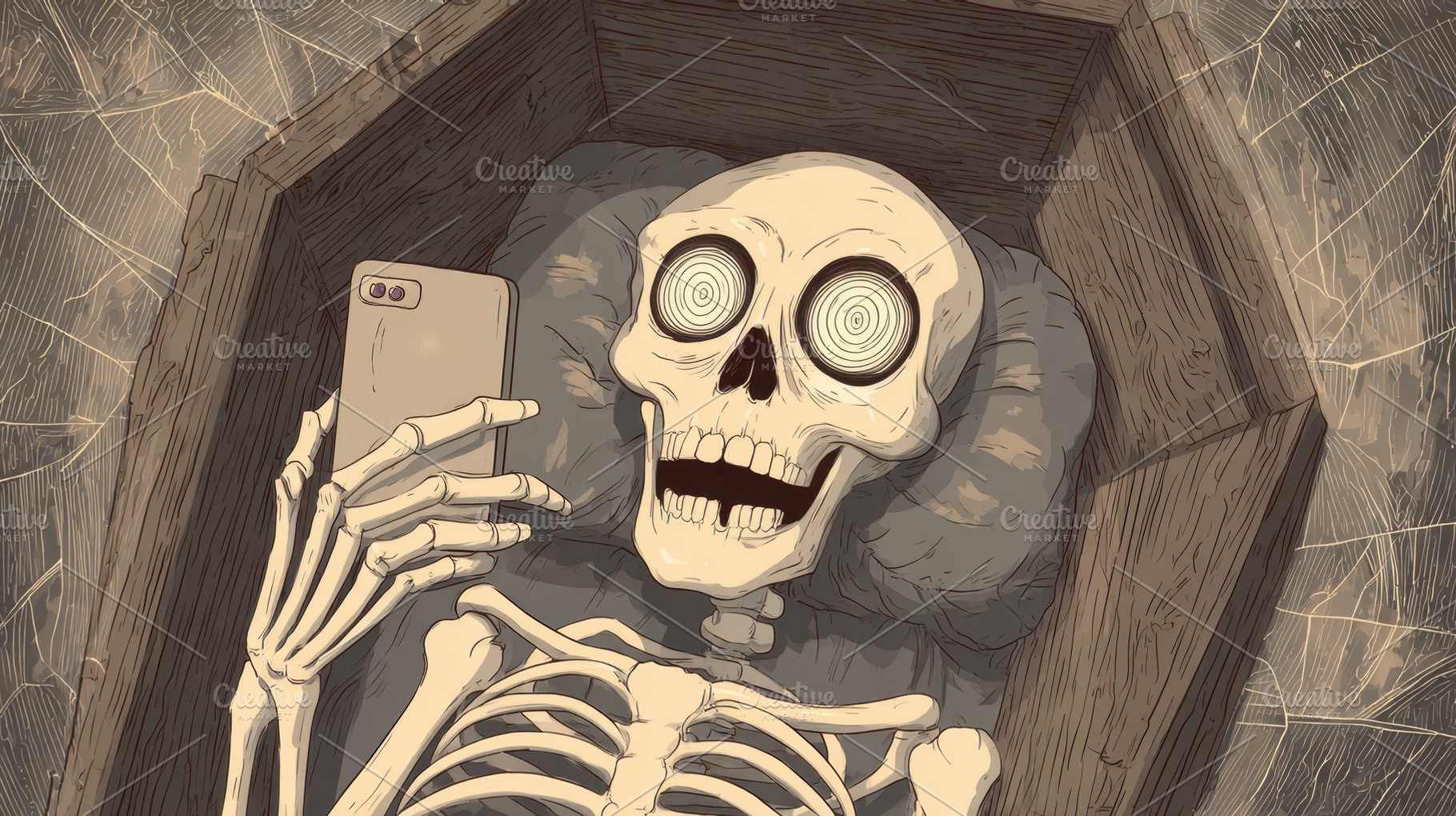 Skeleton checks phone in coffin, a Photo by Beautiful things