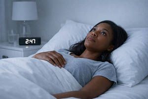 Woman lying awake in bed at night wi, a Photo by Dvoevnore photos