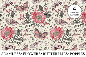 Seamless Butterflies Poppy Poppies