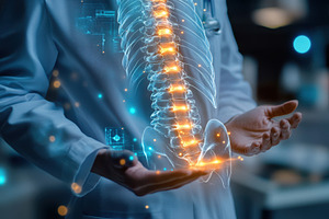 Doctor holding holographic human spi, a Health & Medical Photo by Pixeness Studio