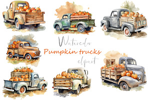 Watercolor fall, pumpkin trucks