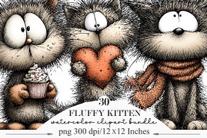 Fluffy Kitten Whimsical Clipart, an Animal Illustration by Designking