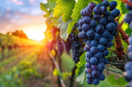 Blue grape bunches hanging in vineyard on sunset background, a Food & Drink Photo by AlyaAnd