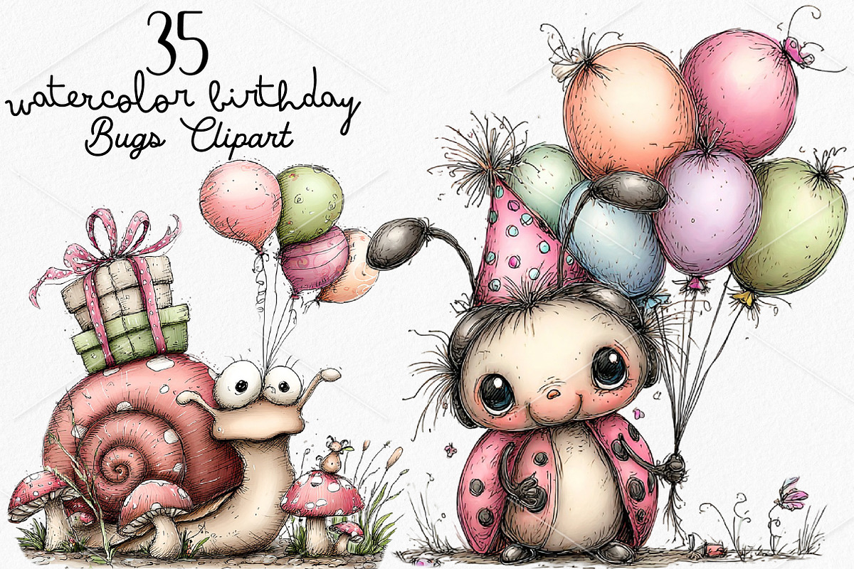 Watercolor Birthday Bugs Clipart PNG, a Seasonal Illustration by Canvas Craft (Photo 1 of 7)