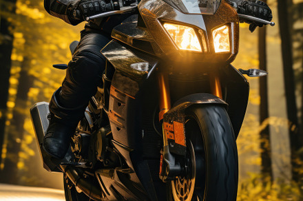 Motorcycle rider riding on the road in the forest at autumn suns, a Person Photo by AS photostudio