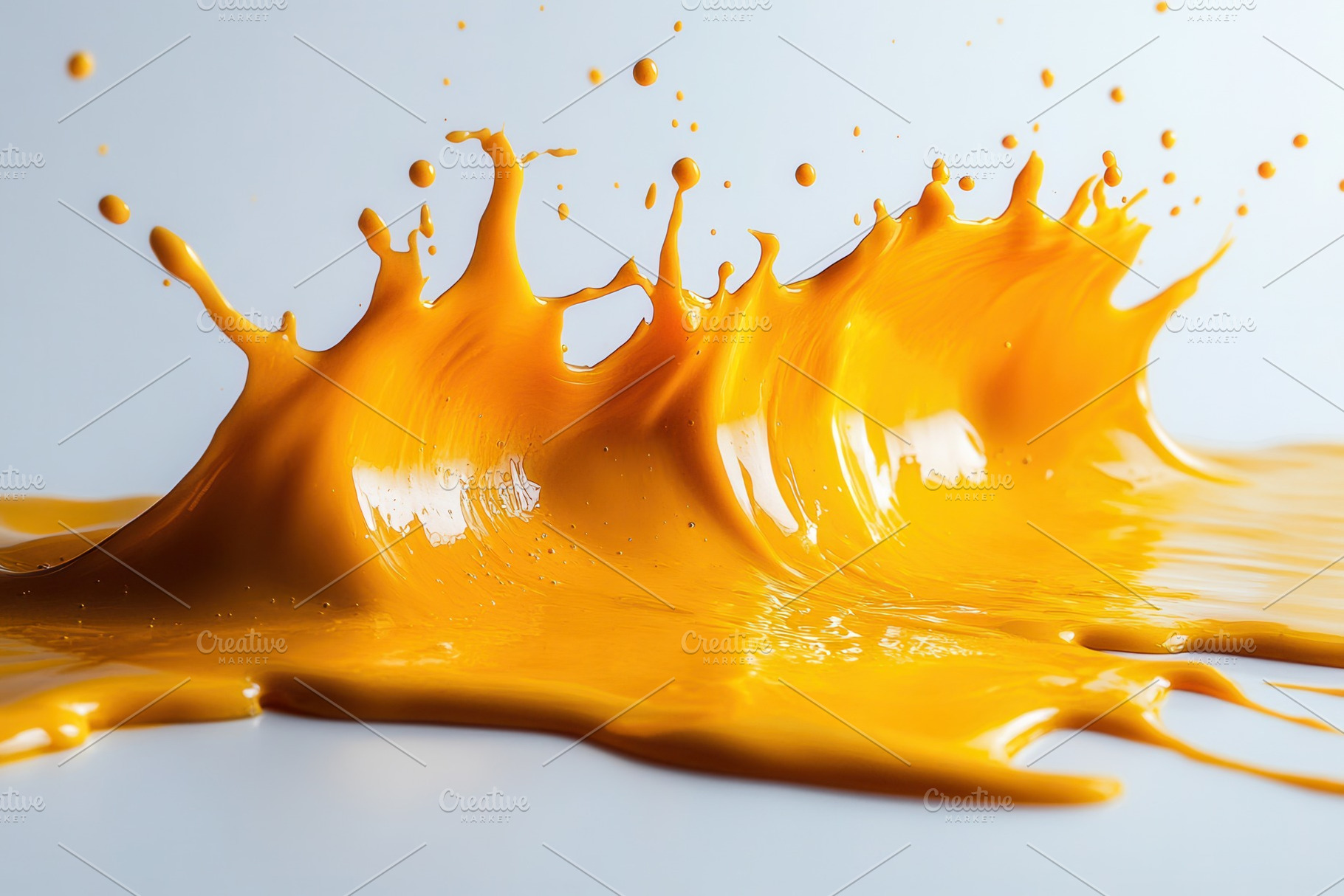 Vivid yellow paint splashes create d, a Photo by Tanuart