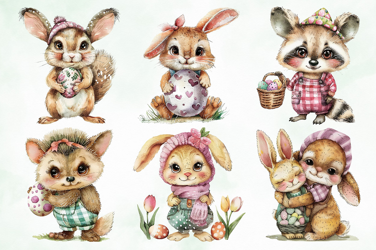 Watercolor Easter Cute Animals Png, an Illustration by Creative Art (Photo 2 of 8)