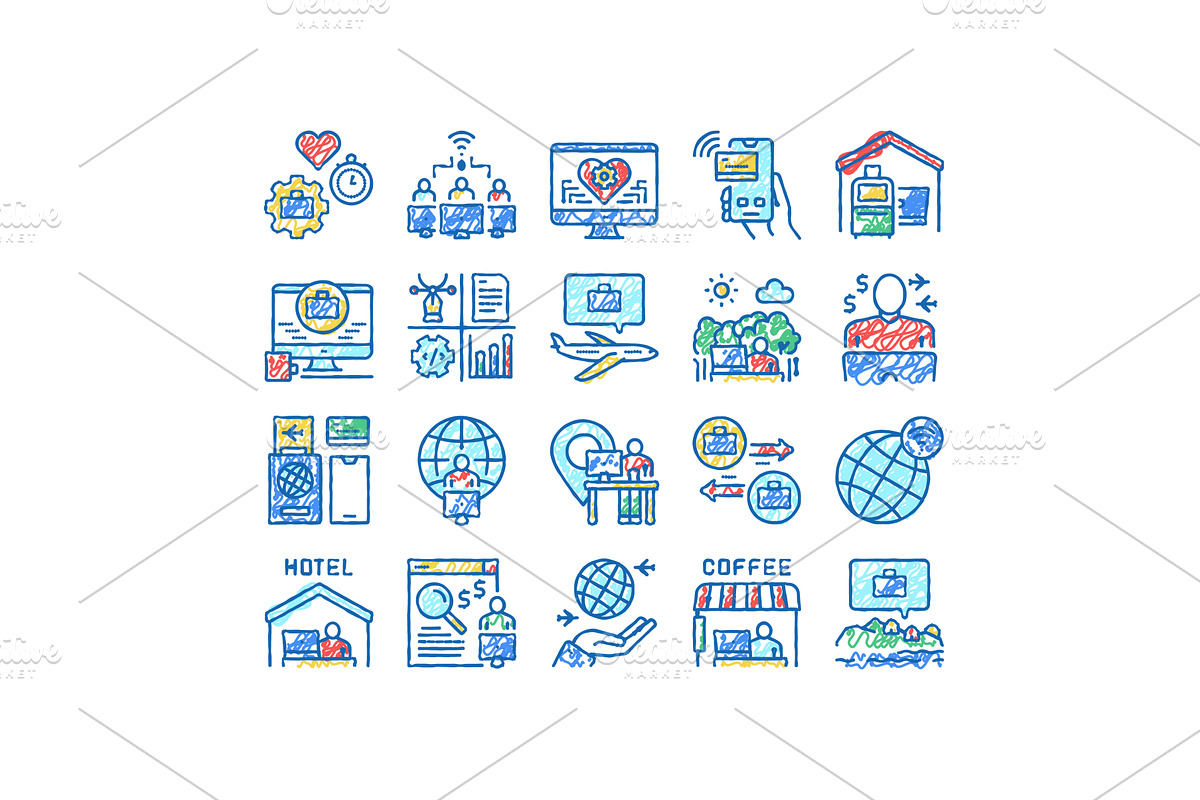 Digital Nomad Worker set Icons hand, an Object Illustration by pikepicture