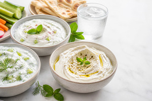 Bowls of fresh tzatziki and yogurt d, a Photo by Dvoevnore photos