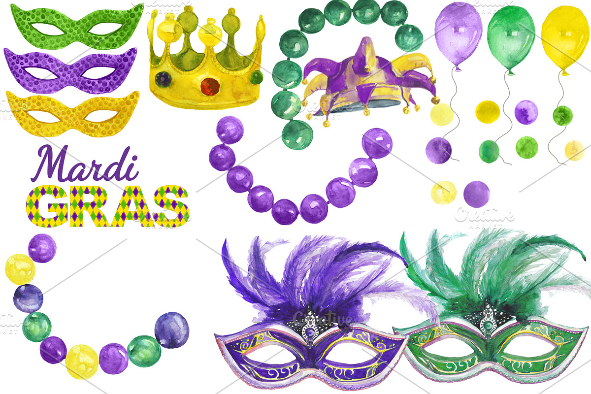 Mardi Gras watercolor set, an Illustration by DollyPotterson (Photo 3 of 7)