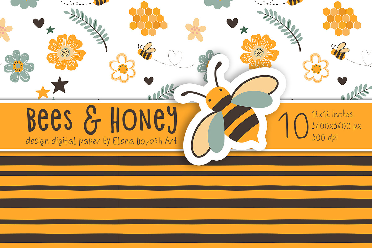 Bees, Honey Cartoon Digital Paper, a Pattern Graphic by Elena Dorosh (Photo 6 of 6)
