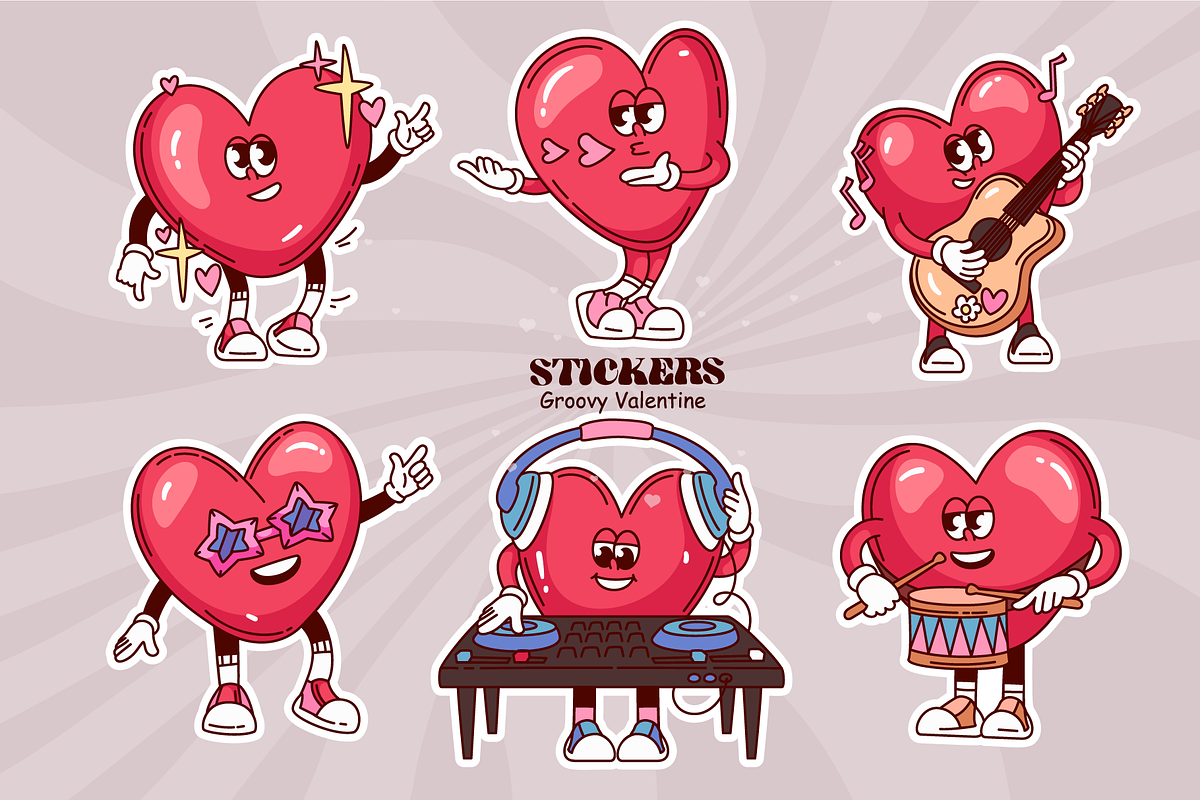 Groovy Valentine Heart Stickers, a Decorative Illustration by VictoriaSergeeva (Photo 3 of 3)