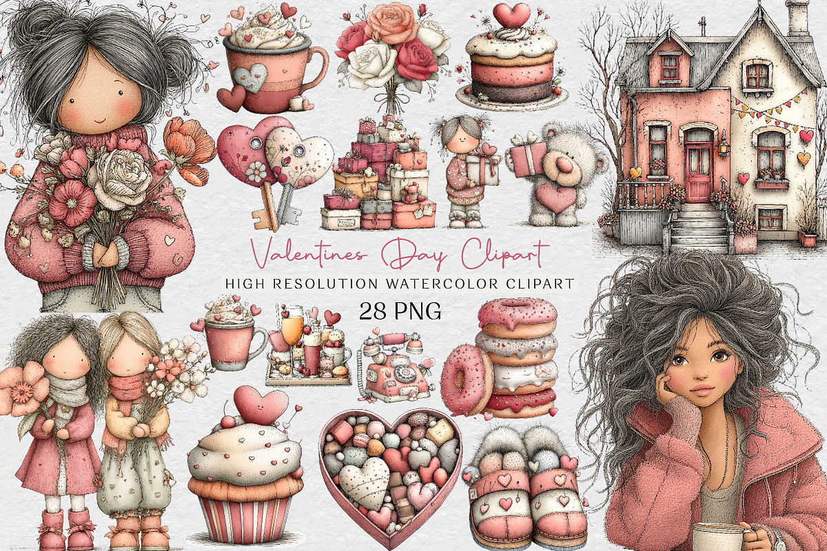 Watercolor Valentines Day Clipart Bu, an Illustration by DreamCafeArt (Photo 1 of 6)