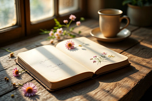 Cozy still life of an open book, a Photo by rarrarorro