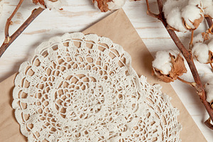 Crocheted white napkins containing crochet, craft, and napkin