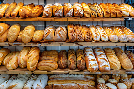 Different kinds of baked bread on shelves in bakery shop, a Food & Drink Photo by AlyaAnd
